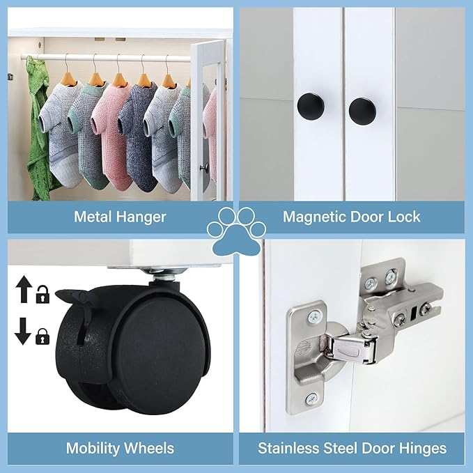TC-HOMENY Pet Wardrobe Closet with Transparent Doors, Wooden Dog Closet with Clothes Hanger, Pet Storage Display Cabinet, Dog Toy Drawer with Wheels, Pet Organization and Storage for Pet Accessories