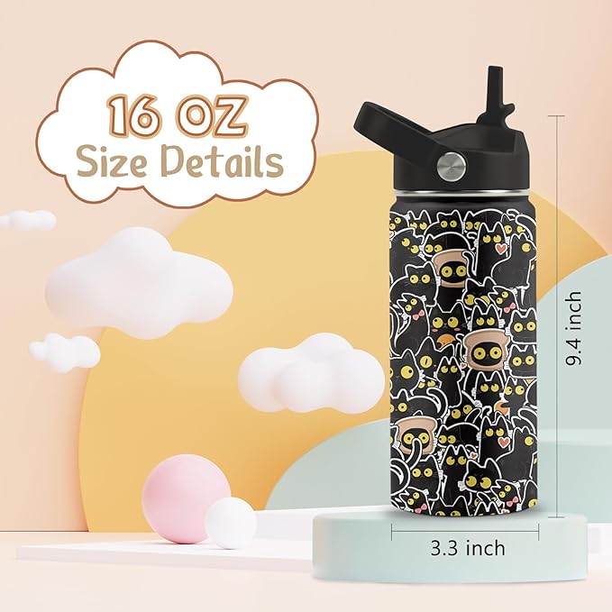 Cat Gifts for Boys Girls, 16 oz Water Bottle with Straw Lid, Stainless Steel Insulated Tumbler, Cute Cats Water Bottle for Cats Lovers, Black Cat Cup Gifts for Birthday Christma (1pcs)