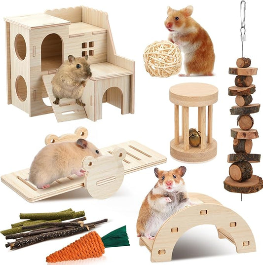 8 Pcs Hamster Cage Accessories Hamster Starter Kit with Maze Wood House, Bridge, Seesaw, Chew Toys Set for Gerbils and Mice Small Animals Habitat Supplies(Classic Villa)