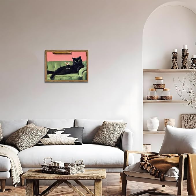 Funny Black Cat Martini Wall Art, Bar Cart Decor, Eclectic Cocktail Painting Canvas Print, Cute Animal Artwork Picture for Bedroom Living Room Kitchen 16x24 inch Wood Framed