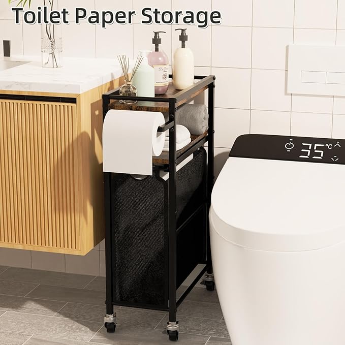 Toilet Paper Holder with Storage Bag & Wheels - Freestanding Bathroom Organizer Holds 9 Rolls for Small Spaces, Essentials Storage Beside Toilet-Brown