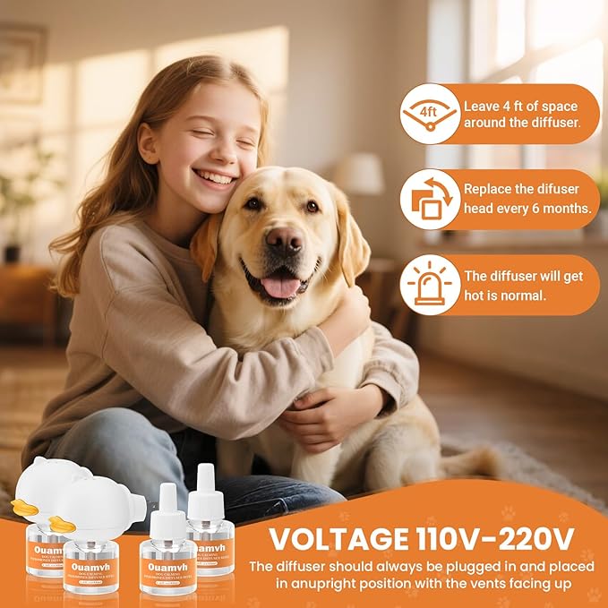 Dog Pheromone Calming Diffuser:Relaxing Solution for Stress and Anxiety in Dogs, Reducing Scratching and Barking Behaviors in Puppies, Medium, and Large-Sized Dogs 2 Diffuser 4 Refill