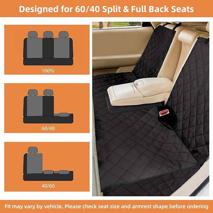 Dog Car Seat Cover for Back Seat, Waterproof Bench Backseat Protector, Nonslip Rear Seat Cover for Kids & Pets, Compatible with Middle Armrests, Fits Most Cars SUVs & Truck