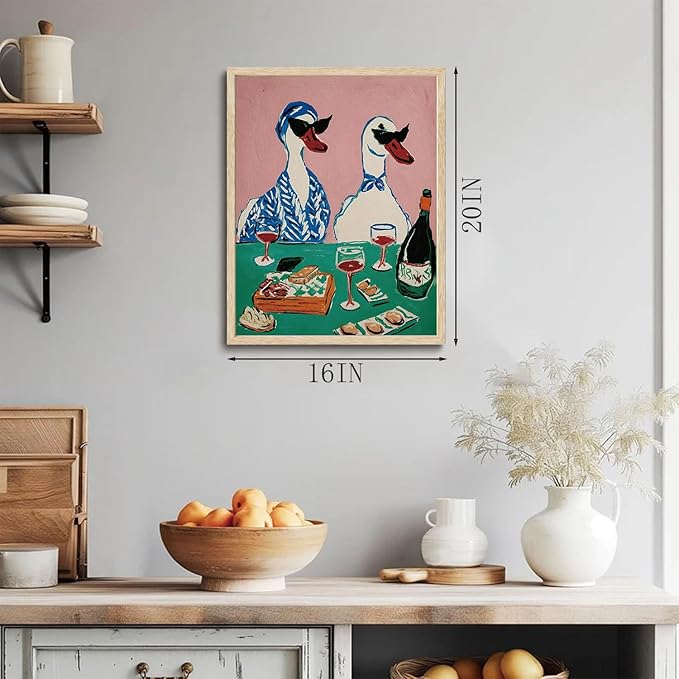 XJYISUO Framed Wall Art Duck Wall Decor Animal Canvas Art Wine Party Pictures Retro Paintings Funny Artwork For Kitchen Dining Room Bar