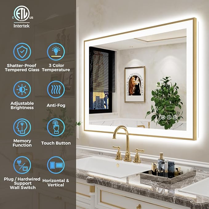 28x36 Inch LED Bathroom Mirror with Lights (Front Lit and Backlit) Gold Framed Lighted Vanity Mirror for Bathroom Wall Dimmable Anti-Fog Memory Tempered Glass Horizontal/Vertical