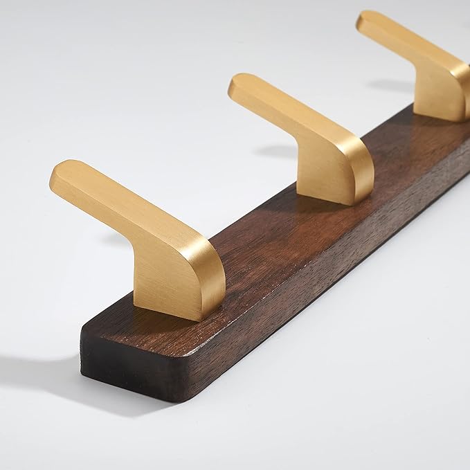 SARIHOSY] Wall Mounted Coat Rack,Multi Hook Hangers,Entryway Hanging Coat Rack,Metal Wood Coat Rail with 4 Hooks，Walnut Wood,zinc Alloy,Bedroom,Bathroom,Foyer,Living Room,Metal Household Items