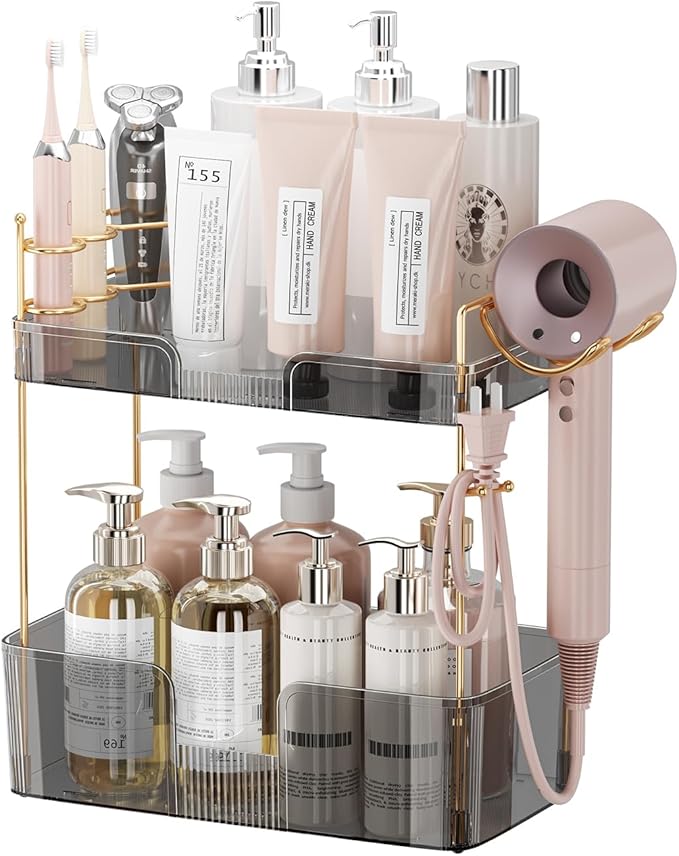 2 Tier Bathroom Counter Organizer with Hair Dryer Holder, Modern Style, Grey