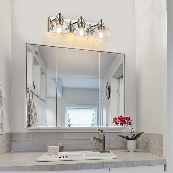 Tuscarora Chrome Vanity Light Fixture - 3 Light Bathroom Vanity with Clear Glass Shade - Light Over Mirror for Bathroom Lighting