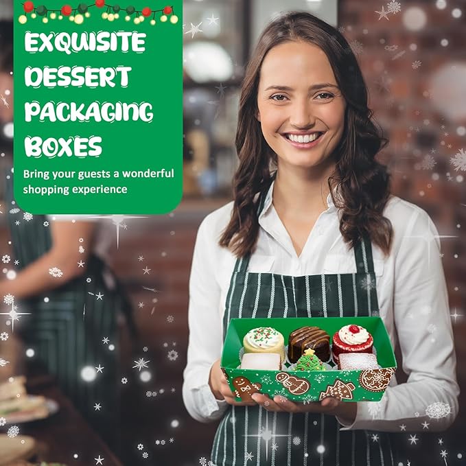 Outus 100 Pack Charcuterie Boxes with Clear Lids, 5.7 x 5.1 '', Mother 's Day Back to School Paper Food Containers Cake Take out Bakery Boxes with Gift Tags Rope for Desserts(Green,Brown,Christmas)