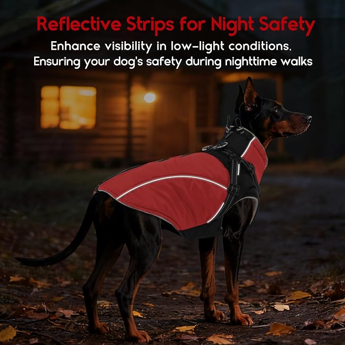 ASENKU Reflective Dog Coat with Built-in Harness, Windproof Fleece-Lined Dog Jacket for Small, Medium, Large Dogs, Warm Winter Vest with Turtleneck & Zipper (Red 2XL)
