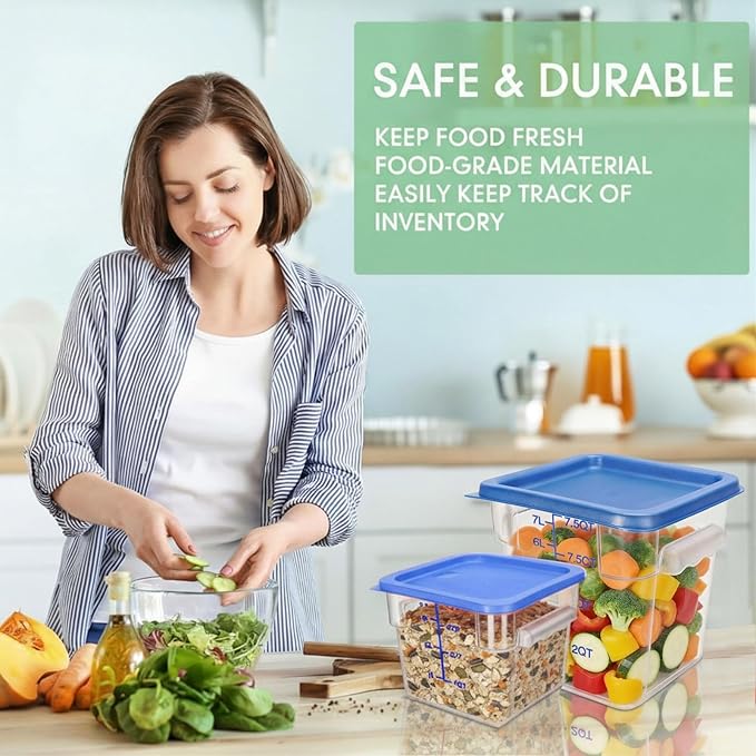 Lallisa 4 Pcs 8qt & 4qt Clear Food Storage Containers with Lids Handles and Scales, Stackable Plastic Square Food Storage Containers for Dough Proofing Baking Kitchen Restaurant(Blue)