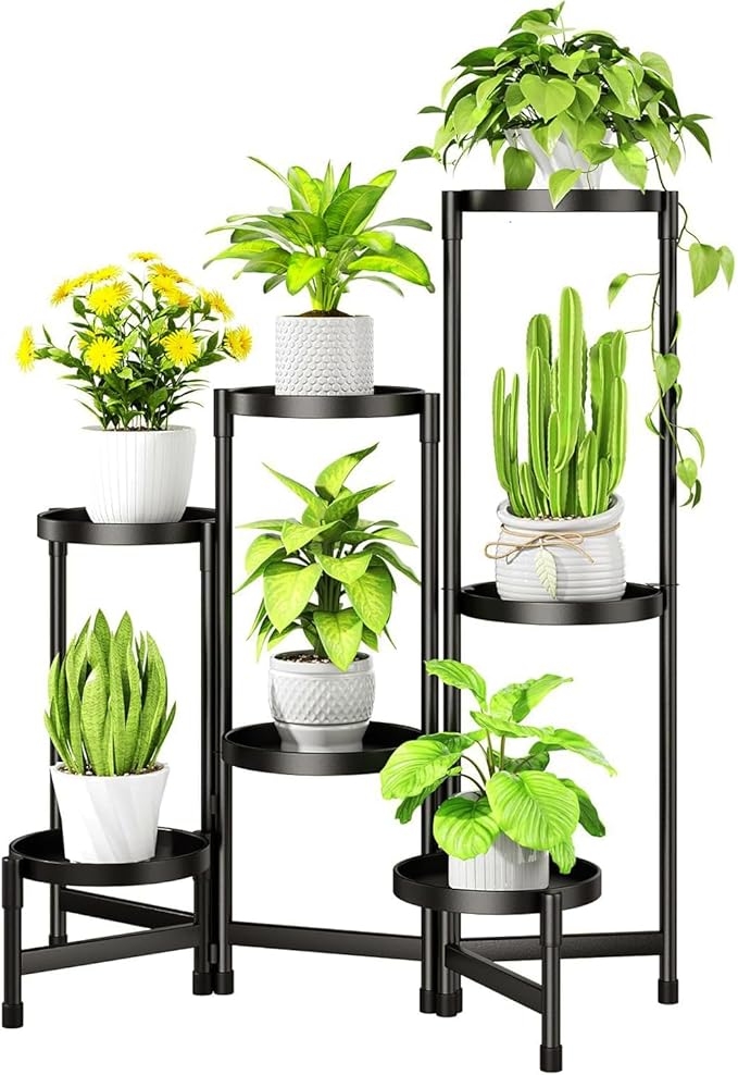 Folding Plant Stand Indoor Outdoor with Metal Tray, 7 Tiered Corner Flower Holder Shelf Metal Orchid Display Rack for Patio Porch Living Room Garden Balcony, Modern Black