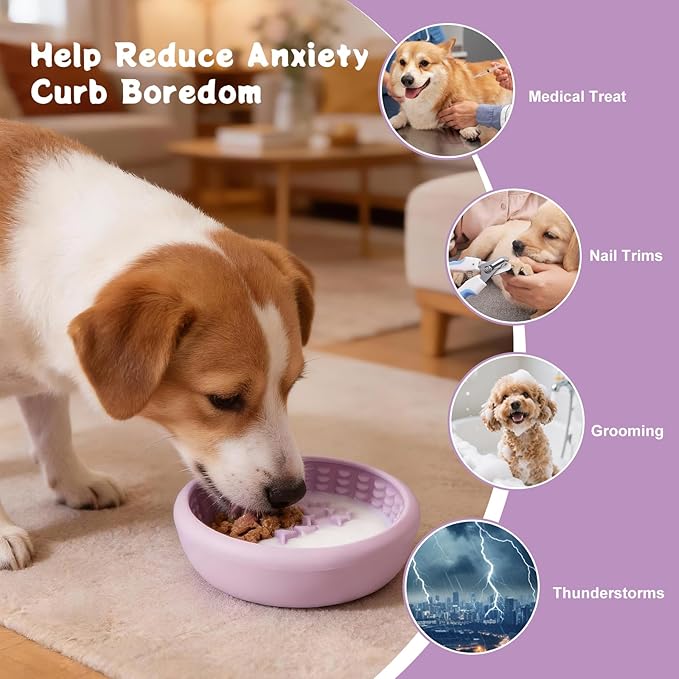 Dog Lick Bowl, Anxiety Relief Slow Feeder Lick Mat for Dogs, Non-Slip Freeze Licking Bowls Enrichment Puzzle Pet Feeding Treat Dispenser for Distraction, Silicone Lick Pads for All Dogs(Purple, Small)