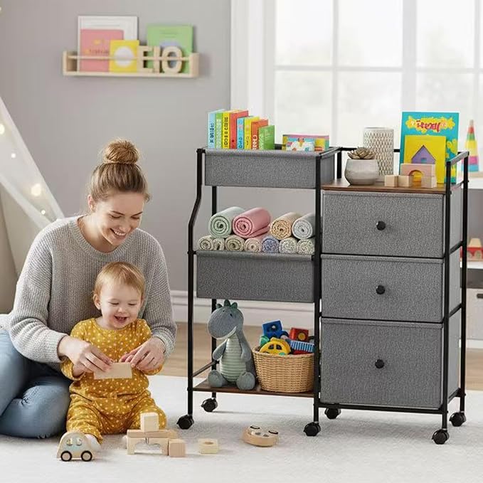 PandaEar Baby Diaper Caddy Organizer and Storage, 3-Tier Rolling Nursery Cart with Drawers & Dividers, Mobile Utility Storage Cart with Wheels for Baby Essentials, Bedroom, Changing Table, Darkgrey