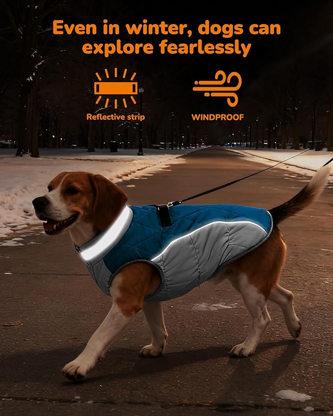Dog Coat for Small Dogs, Adjustable Dog Jackets for Cold Weather, Reflective Winter Coat with Built-in Harness, Snowsuit Fits Dogs 7-14 lbs and Up, Size S Blue