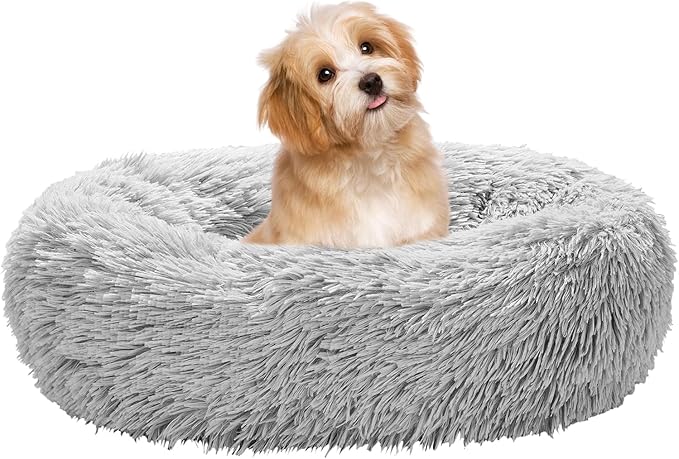 Calming Dog Bed for Small Melium Large Dogs Donut Washable Pet Bed for Puppy and Kitten Anti-Anxiety Donut Warming Cozy Soft Round Bed with Slip-Resistant Bottom (Grey, 20" L x 20" W x 8" Th)