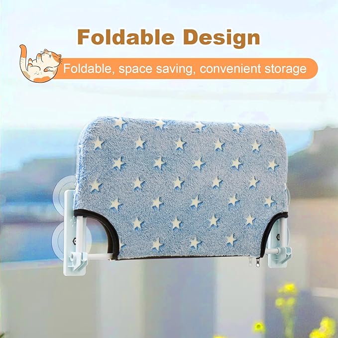 Glow in The Dark Cat Window Perch, Large Foldable Hammock Bed with 4 Strong Suction Cups and Warm Soft Zipper Removable Cushion for Indoor Cats (Stars)