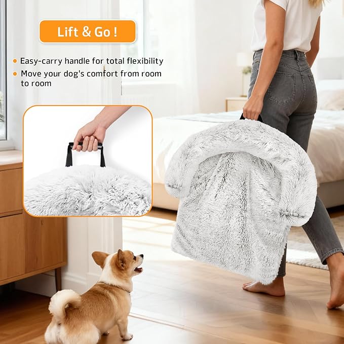 Calming Dog Bed Fluffy Plush Dog Mat for Furniture Protector with Removable Washable Cover for Large Medium Small Dogs and Cats (Large, Light Grey)