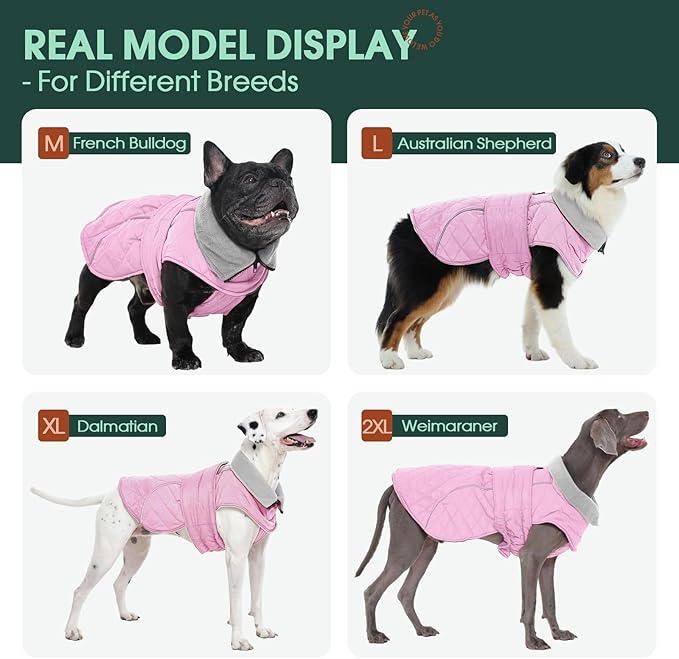Kuoser Dog Coat, Super-Warm Dog Jacket Windproof Pet Cold Weather Coats for Extra Large Dogs, Fleece Lining Quilted Turtleneck Puppy Snowsuit Reflective Adjustable Doggie Winter Clothes, Pink, 2XL