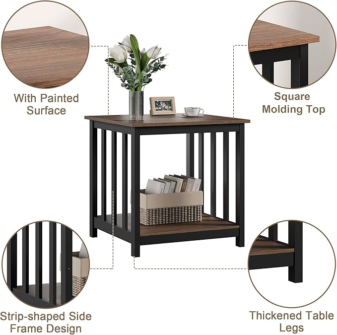 Treocho End Tables Living Room Set of 2, 24 Inch Square Side Table with 2-Tier Storage Shelf, Modern Nightstand for Living Room, Bedroom, Office, Walnut