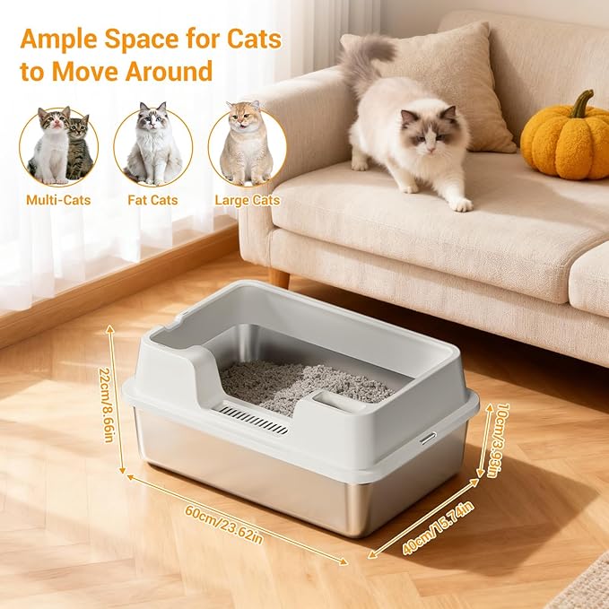 Enclosed Stainless Steel Cat Litter Box with Lid, XL Extra Large Litter Box for Big Cats, Metal Litter Pan High Sided, Never Absorbs Odors, Anti-Urine Leakage, Easy Cleaning, Include Scoop
