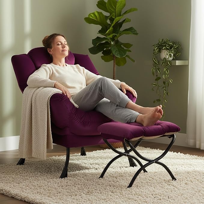 Welnow Lazy Chair with Ottoman, Modern Lounge Accent Chair with Armrests and a Side Pocket, Leisure Sofa Armchair Set, Reading Armchair with Footrest for Small Space, Dark Purple