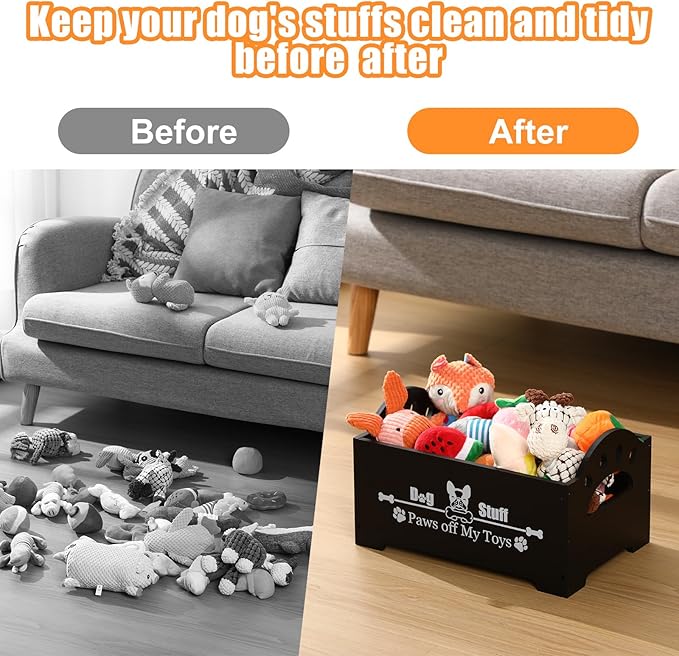Marsui Wooden Dog Toy Bin Basket with Handle Large Dog Stuff Storage Box Cute Pet Stuff Organizer for Chew, Blankets, Leashes, Food Gift for Living Room Area(Black,13.78 Inch)