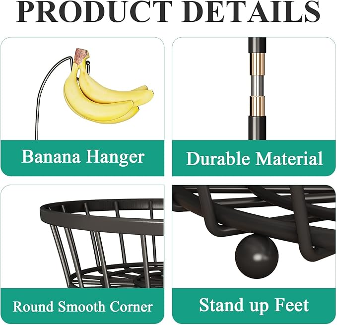 SAYZH 2-Tier Fruit Basket Bowl Stackable Vegetable Storage with Banana Tree Hanger Stand for Kitchen Countertop, Metal Wire Basket for Bread Onions Potatoes Black