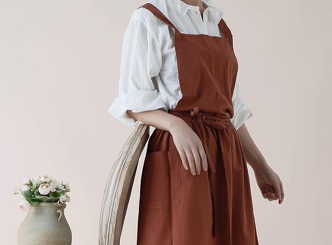 VLZUFE Women Cotton Linen Cross Back Apron with Pockets for Gardening Works Pinafore Dress