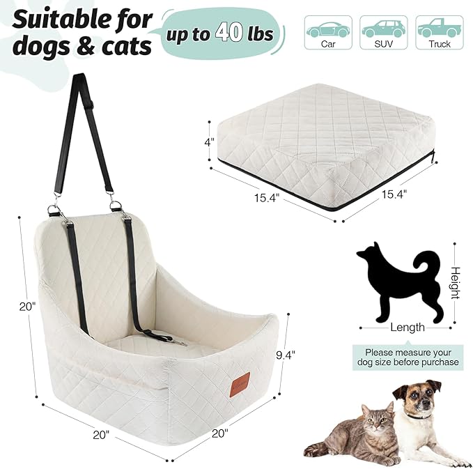 Dog Car Seat for Medium Dogs Up to 40lbs,Easy to Install with Adjustable Straps,Anti-Slip Base,Fully Detachable and Washable,Soft Fabric Fill in Memory Foam,2 Side Pockets(Beige,Medium)