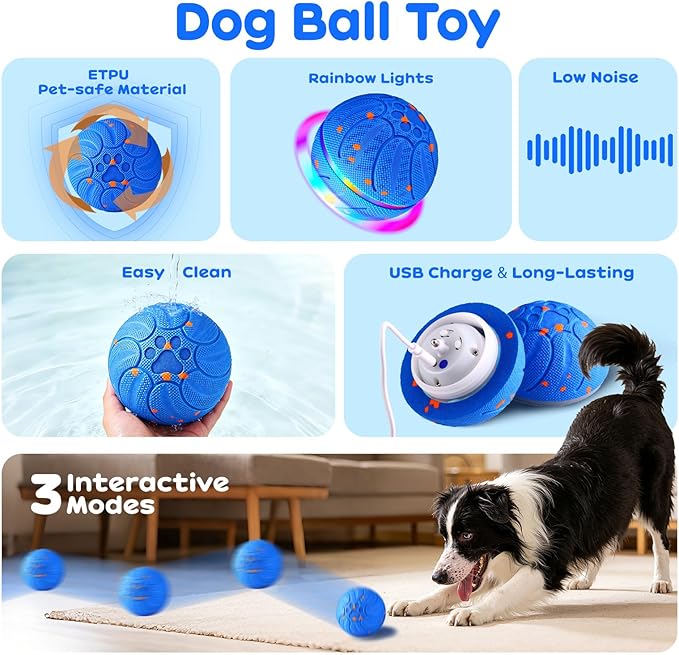 Smart Interactive Dog Toys, Upgraded Chew-Resistant E-TPU, Auto-Bounce & Rotating, Obstacle Avoidance, Ipx7 Waterproof with Colorful Led Lights for Indoor/Outdoor Use