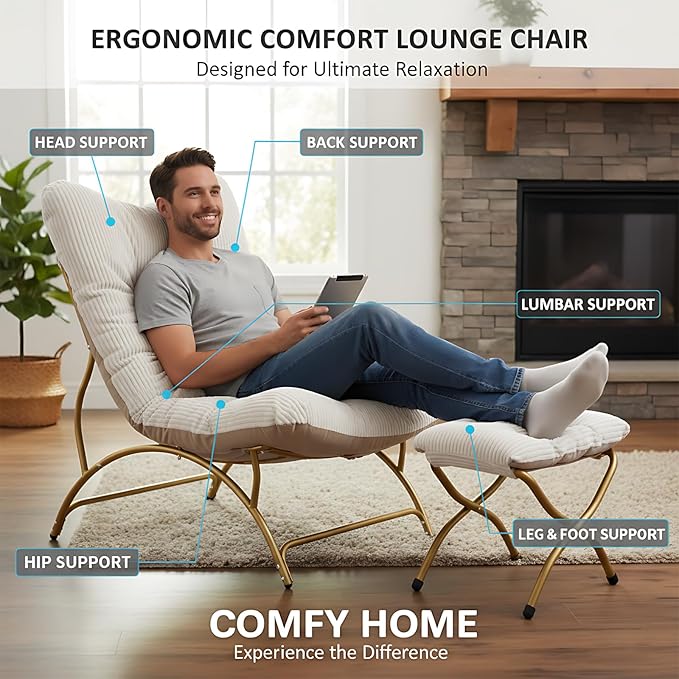 Welnow Modern Accent Chair with Ottoman, Upholstered Comfy Lounge Recliner Sofa, Thick Cushion Oversized Lazy Reading Chair with Footrest for Living Room, Bedroom, Apartment, Office, Dorm, Beige