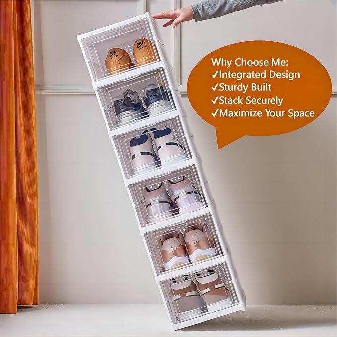 Drop Front Shoe Storage Box, No Assembly Stackable Shoe Organizer Storage Bin with Clear Door, Free Standing Shoe Shelf Cabinet with Lid, Plastic Shoe Rack for Closet Entryway, 6-Tier