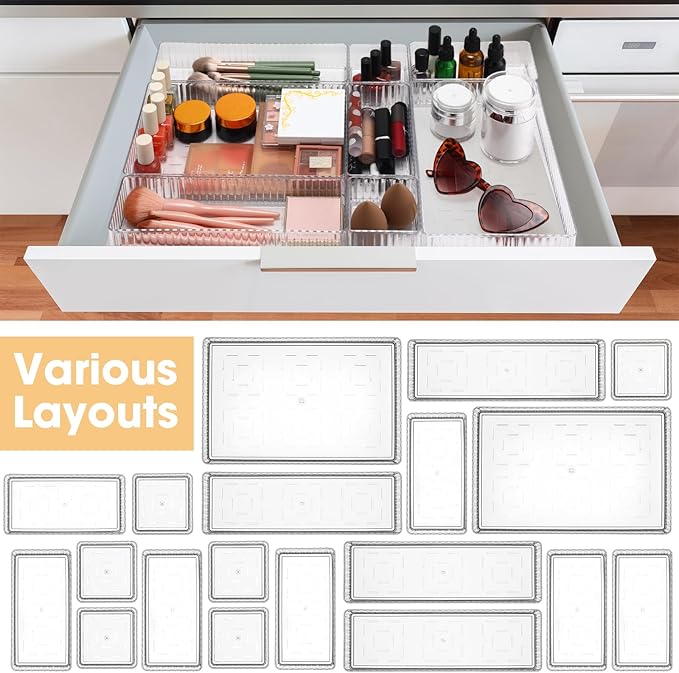 18 Pcs Drawer Organizer Stackable 4 Size Makeup Drawer Organizer Trays Acrylic Bathroom Vanity Storage Bins for Cosmetic, Jewelries, Office Supply, Kitchen Utensils(Clear,Stripes)