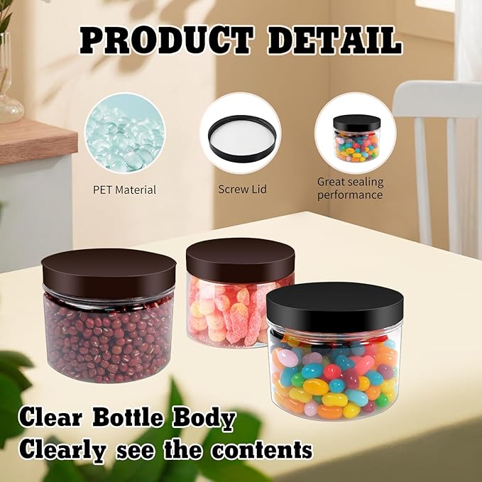 60 Pcs 10 oz Clear Plastic Jars Containers Cylinder Round Containers Airtight Screw Wide Mouth Storage Jars with Lids for Food Kitchen Honey Butter Cosmetics(Black,Brown)