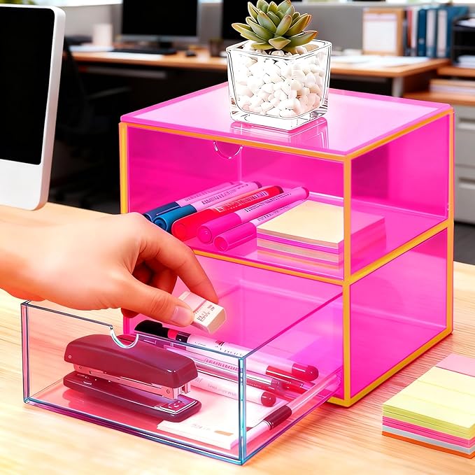 Acrylic Desk Organizer with Drawers Stackable Makeup Organizer for Vanity Office Countertop Cosmetic Display Cases Makeup Storage Box, Neon Pink