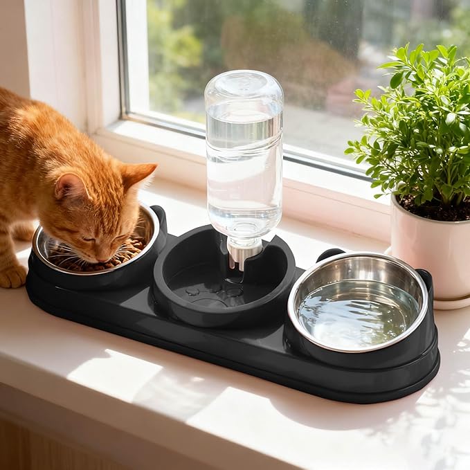 Elevated Cat Bowl Set, 15° Raised Cat Food and Water Bowl with Dispenser, Pet Dishes for Indoor Cats, Small Medium Dogs & Rabbit Feeding, Anti-Vomiting, Slow Feeder (Grey)