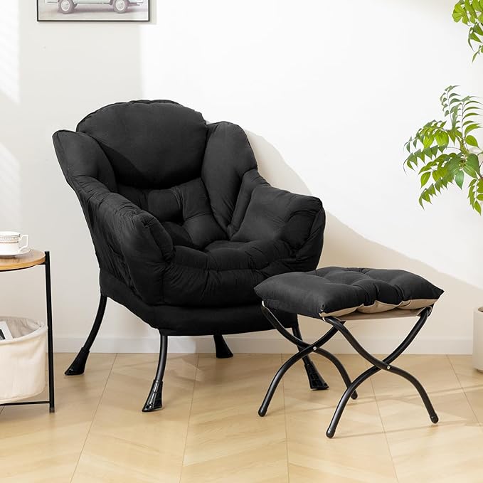 HollyHOME Lazy Chair with Foldable Ottoman, Accent Comfy Lounge Armchair and Folding Footrest Stool, Leisure Sofa Reading Chair and Footstool for Living Room, Bedroom, Dorm,Peachskin Fabric Black