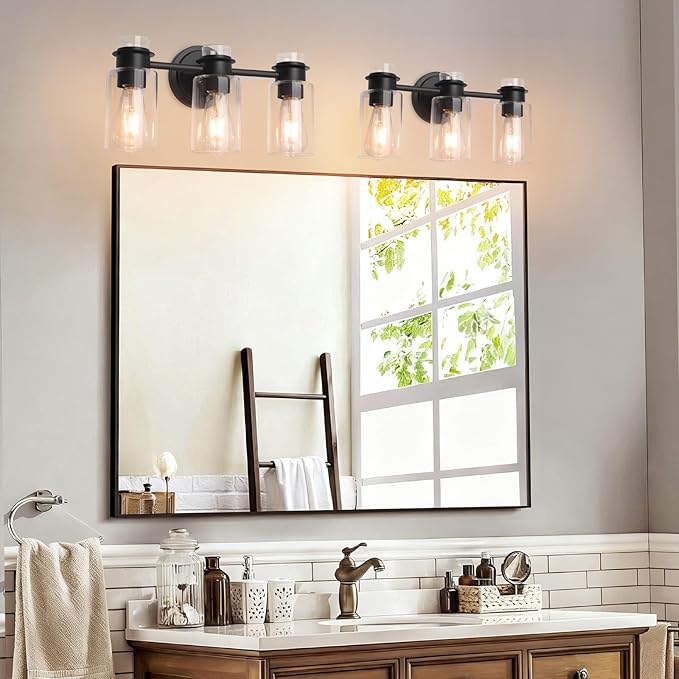 3-Light Bathroom Vanity Light Fixture over Mirror, Matte Black Modern Wall Sconces, Clear Glass Shade & Rustproof Design for Bathroom, Bedroom, Hallway Lighting, E26 Base (Bulbs Not Included)