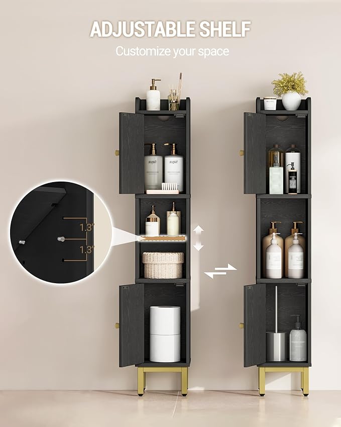 Slim Bathroom Storage Cabinet, Narrow Bathroom Organizers and Storage with 4 Adjustable Feet, Laundry Room Organization for Small Space, Kitchen, Living Room, 2 Doors Black BC22404G