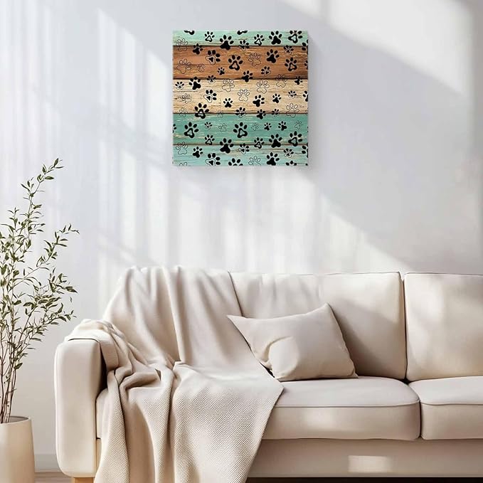 Framed Canvas Wall Art for Living Room Dog Paw Print Wall Decor, Retro Brown Teal Green Wood Grain Aesthetic Paintings for Bedroom Office Kitchen Bathroom, Ready to Hang Wall Pictures 24x24 Inch