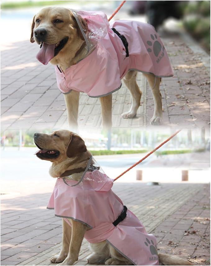 Waterproof Dog Raincoat, Reflective Adjustable Hooded Dog Rain Coat, Lightweight Breathable Pet Rain Jacket Poncho Double Layer with Leash Hole for Small Medium Large Dogs (Pink, Medium)