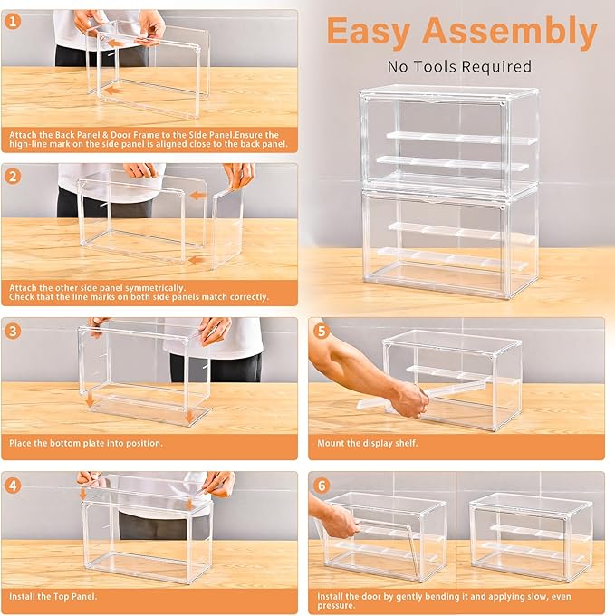 Clear Acrylic Display Case for Collectibles - 3-Tier Adjustable Figure Display with Magnetic Door & Removable Shelves,Stackable Dispaly box for Figures - 2 Pack