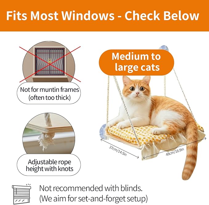 Cat Window Perch, Heavy Duty 20KG/44LB Suction Cup Hammock Bed with Soft Cushion, Secure & Stable Window Mount for Lazy Time, Bird Watching, Safe for Large Cats, 18.9"x14.5" (Yellow Duck)