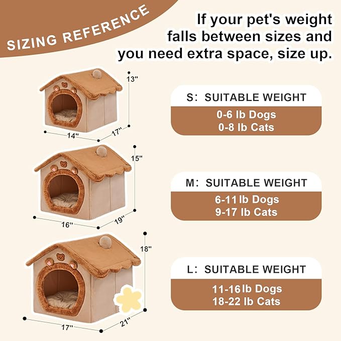 JIUPETY Cute Small Dog House Indoor, Foldable House Kennel Bed Mat with Cushion, L Size Tent for 11-16 lb Dogs and 18-22 lb Cats, Dog Cave Bed with Non-Slip Bottom, Brown