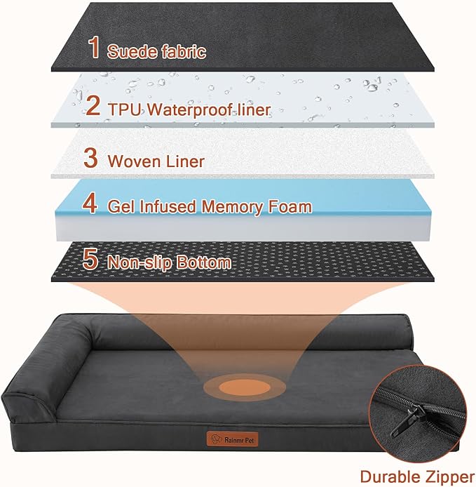Orthopedic Memory Foam Dog Bed, Removable Washable Microsuede Cover, TPU Waterproof Liner, Nonskid Bottom, for Indoor, Outdoor, Crate ＆ Car Use, 35x23x6 Inches, Dark Grey