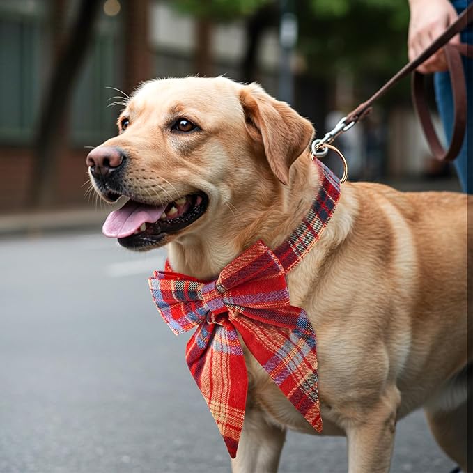Vehomy Christmas Dog Collar with Bow Adjustable Plaid Collar with Bowknot Christmas Day Pet Accessory Plaid Bowtie Collars for Small Medium Large Dogs M