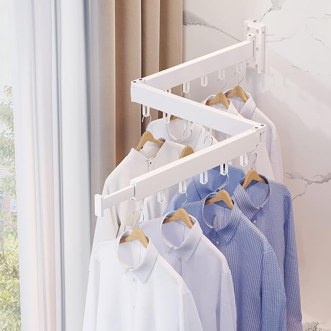 Clothes Drying Rack,Laundry Drying Rack,Clothes Rack Wall Mount,Wall Mounted Clothes Hanger Rack,Laundry Rack Folding,Retractable Clothing Rack,Collapsible Clothes Hanging Rack(Loop,White)