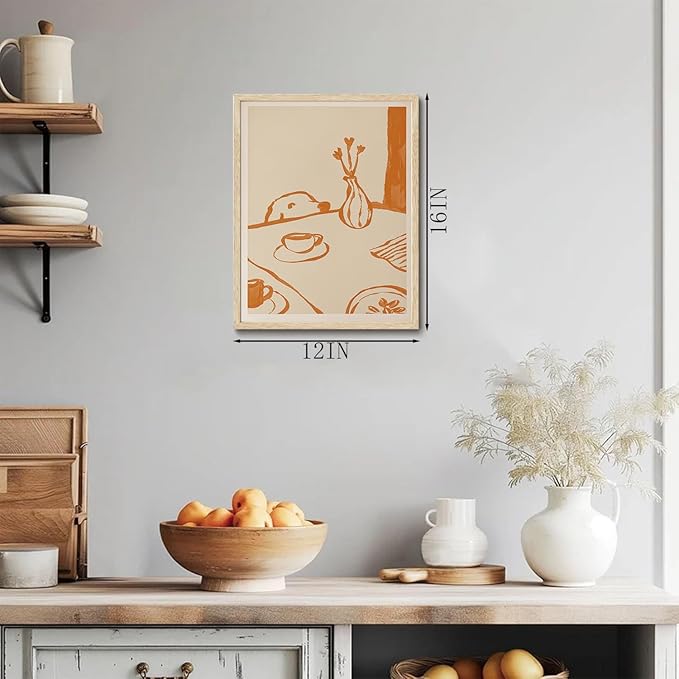 XJYISUO Framed Wall Art Funky Dog Wall Decor Coffee Canvas Art Minimalist Animal Pictures Warm Paintings Modern Neutral Artwork for Kitchen Nursery Living Room