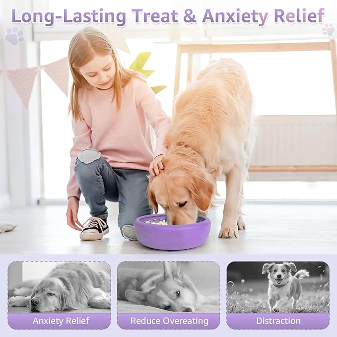 Dog Lick Bowl, ZOURYNUA Non-Slip Slow Feeder Dog Bowls, Enrichment Licking Mat for Distraction, Anxiety Relief Treat Dispenser Freezer, BPA Free Silicone & Dishwasher Safe (Purple, Large)